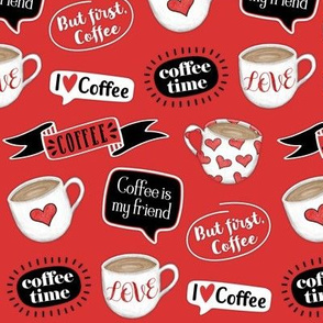 I Love Coffee Mug - Hearts - Red Black White