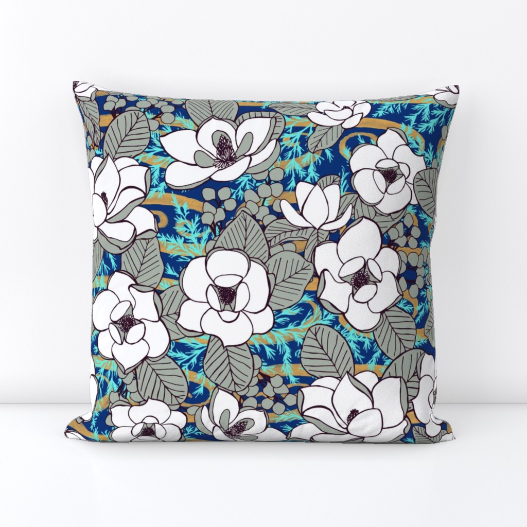 Elegant Magnolia Blossoms, Cobalt, XL