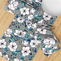 Elegant Magnolia Blossoms, Cobalt, XL