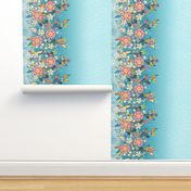 Large Floral Border in Pink, Aqua, Yellow Flowers 