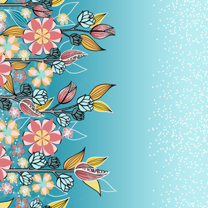 Large Floral Border in Pink, Aqua, Yellow Flowers 