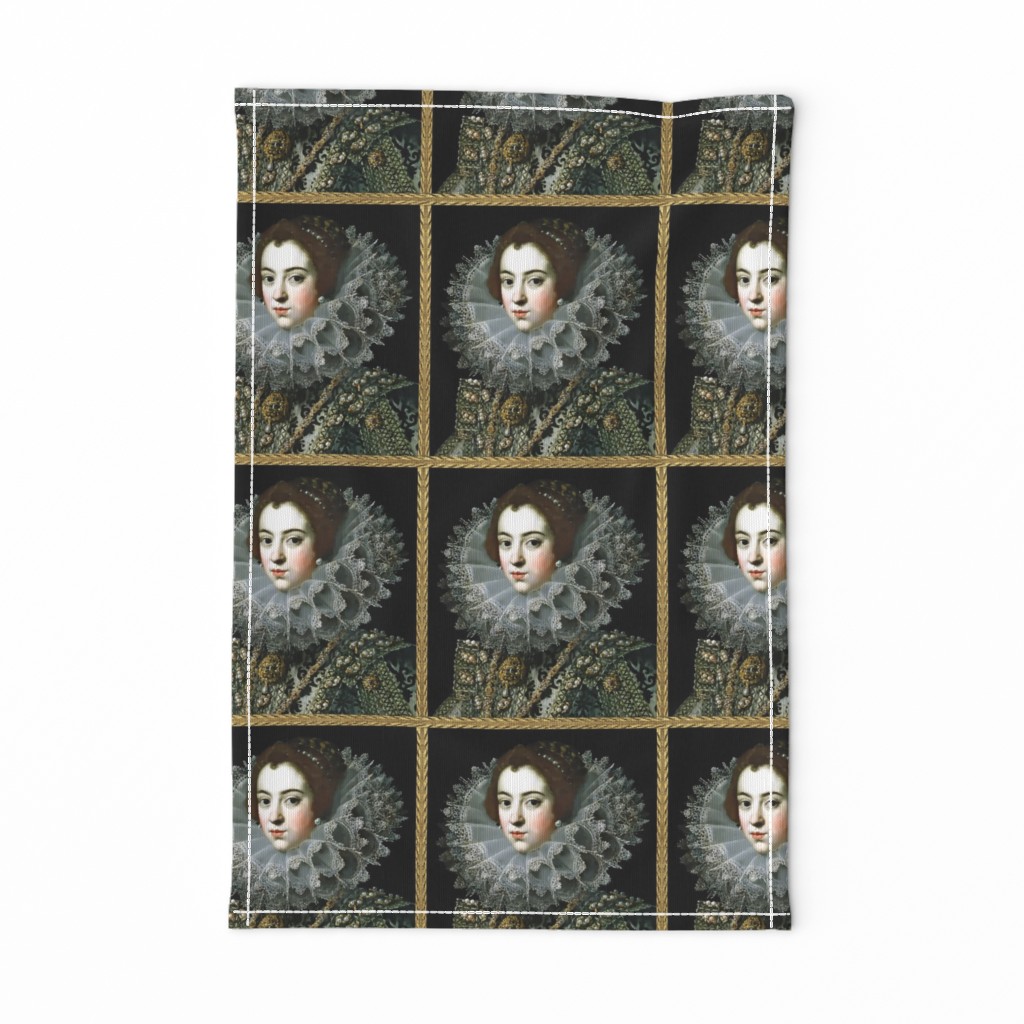 Queen Elizabeth 1 inspired princesses renaissance tudor big lace ruff collar baroque pearls gold beauty 16th century 17th century historical elizabethan era royal portraits beauty beautiful woman lady necklaces brooch jewelry ornate frame border gilt Vict