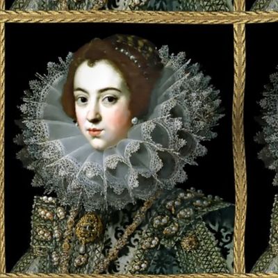 Queen Elizabeth 1 inspired princesses renaissance tudor big lace ruff collar baroque pearls gold beauty 16th century 17th century historical elizabethan era royal portraits beauty beautiful woman lady necklaces brooch jewelry ornate frame border gilt Vict