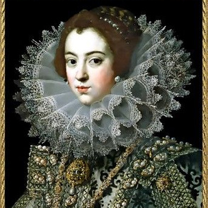 Queen Elizabeth 1 inspired princesses renaissance tudor big lace ruff collar baroque pearls gold beauty 16th century 17th century historical elizabethan era royal portraits beauty beautiful woman lady necklaces brooch jewelry ornate frame border gilt Vict