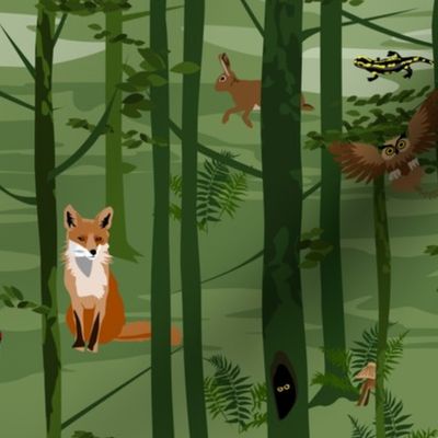 in the forest - fox, owl, rabbit, grosbeak, woodpecker, robin and salamander