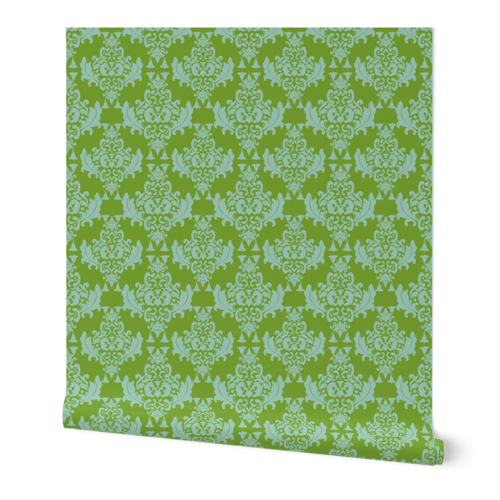 Delicious Damask- Olive Green on Spoonflower Green 