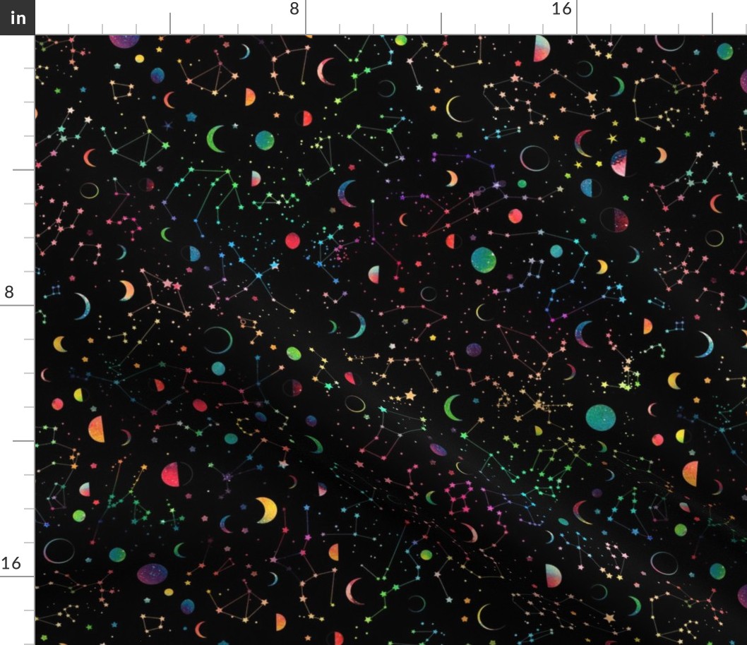 Rainbow Constellations and Moons - black Fabric | Spoonflower