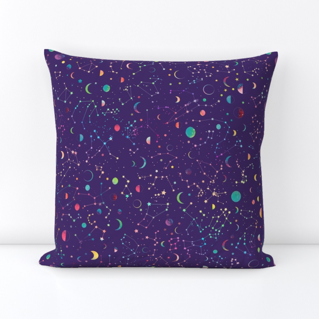 Rainbow constellations and moons - purple background