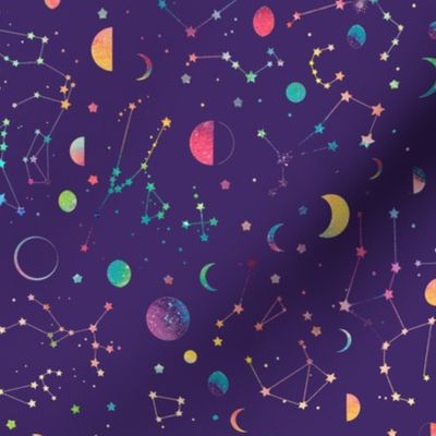 Rainbow constellations and moons - purple background