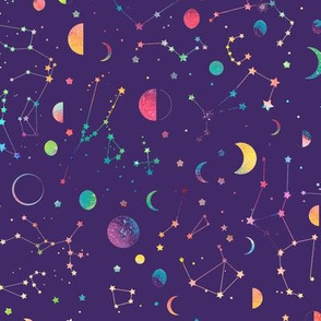 Rainbow constellations and moons - purple background