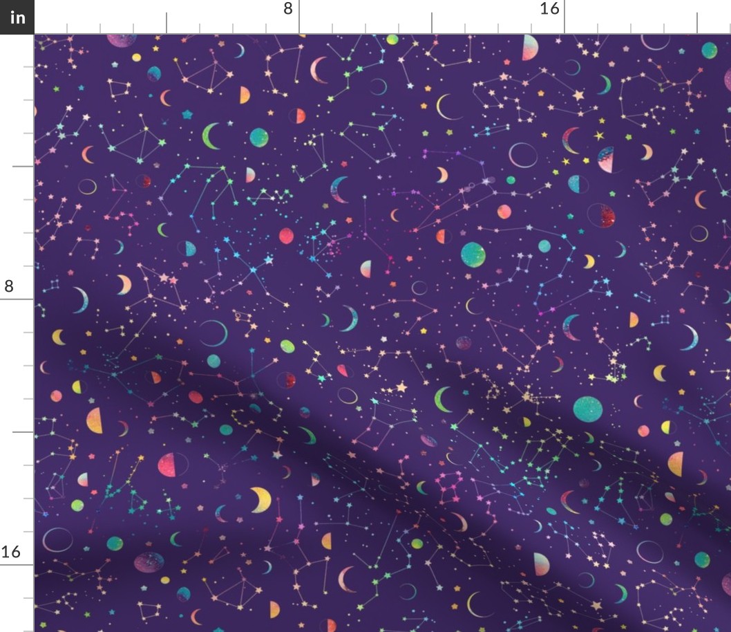 Rainbow constellations and moons - purple background