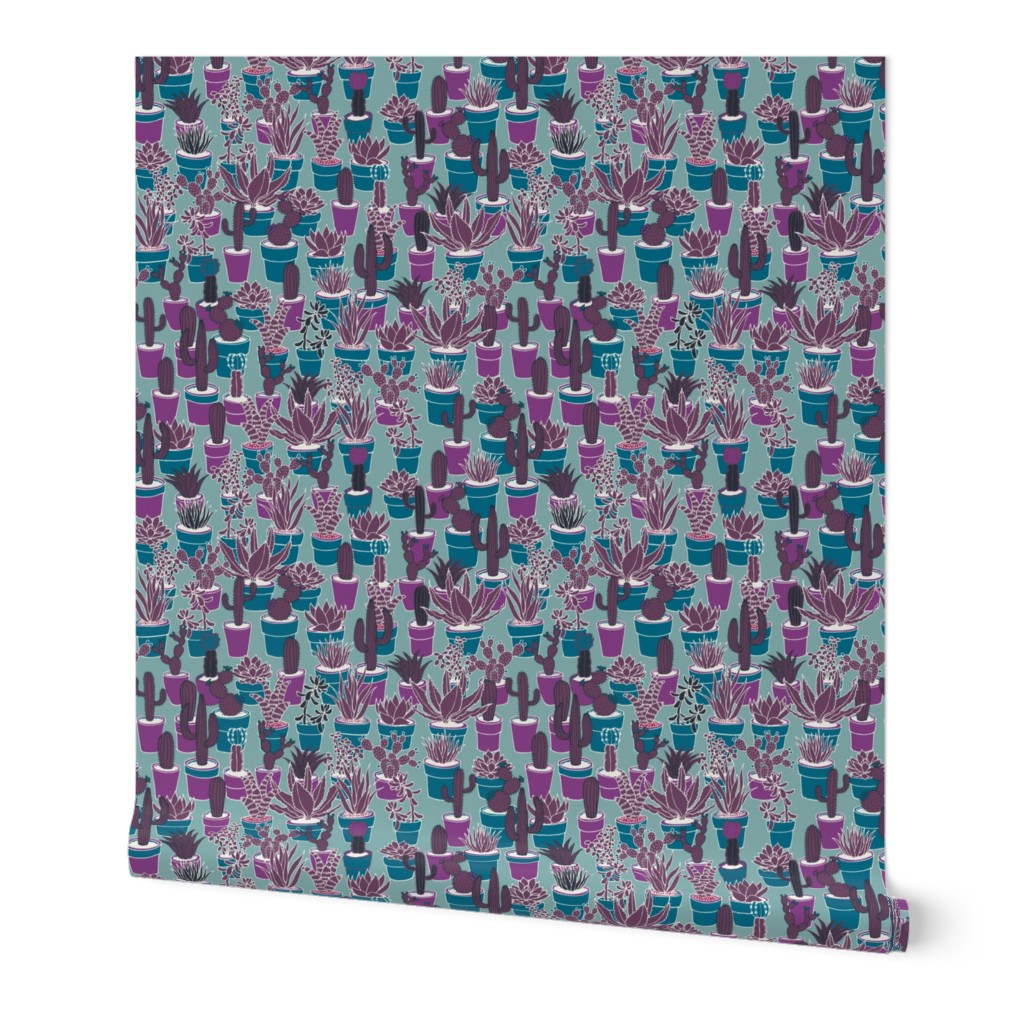 Succulents - purple, plum and teal on sea grey