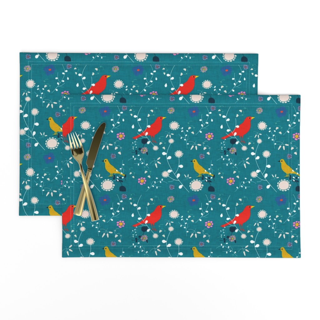 Bird  and blooms teal