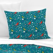 Bird  and blooms teal