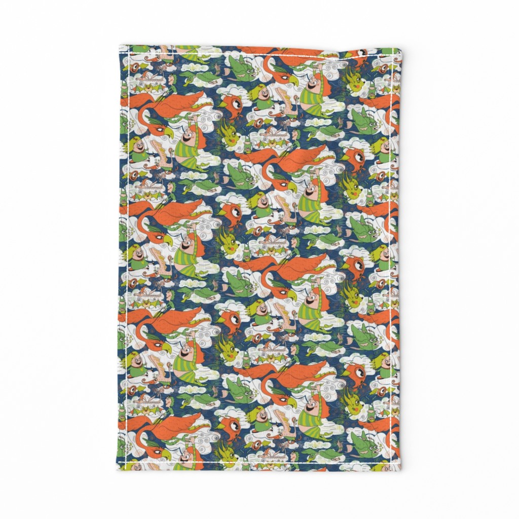 animals creatures by air with kids, large scale, orange green lime chartreuse teal blue white