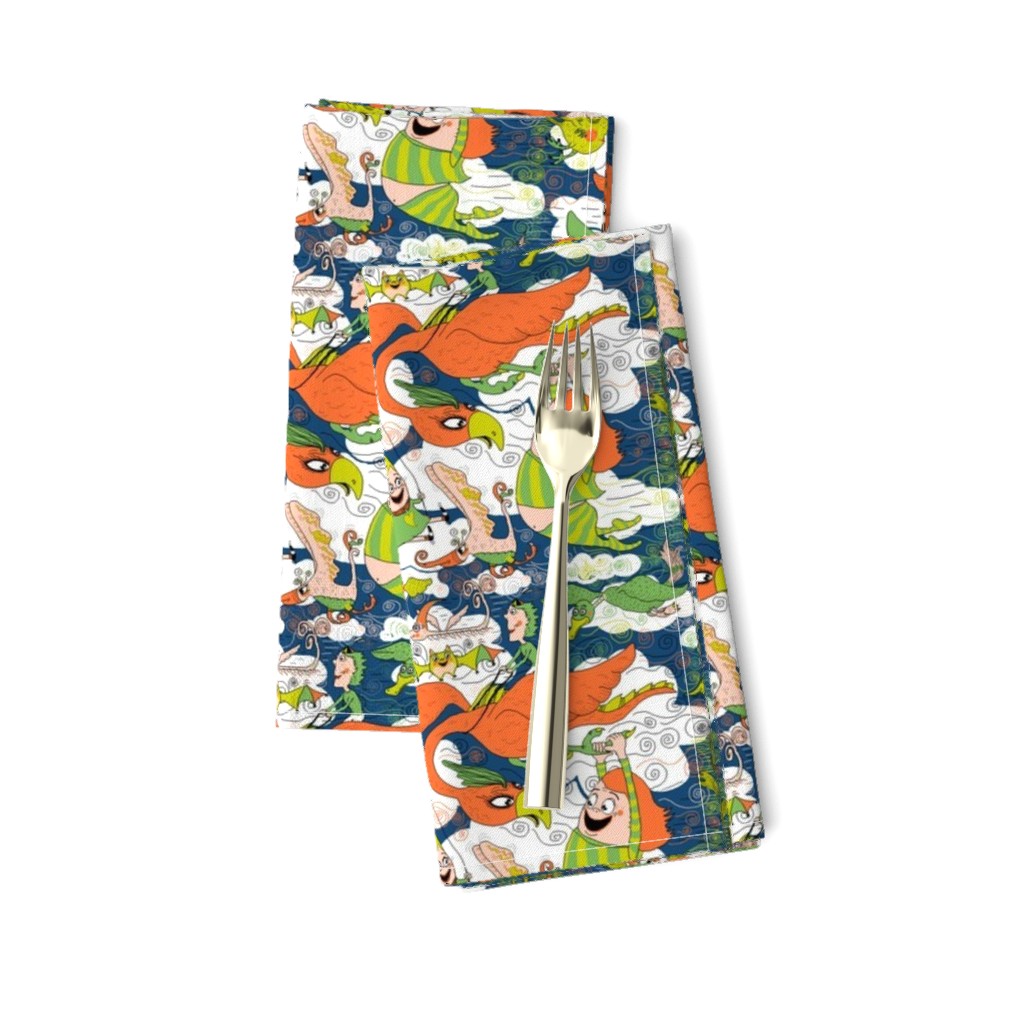 animals creatures by air with kids, large scale, orange green lime chartreuse teal blue white