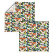 animals creatures by air with kids, large scale, orange green lime chartreuse teal blue white