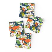 animals creatures by air with kids, large scale, orange green lime chartreuse teal blue white