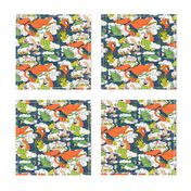 animals creatures by air with kids, large scale, orange green lime chartreuse teal blue white