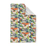 animals creatures by air with kids, large scale, orange green lime chartreuse teal blue white