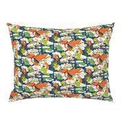 animals creatures by air with kids, large scale, orange green lime chartreuse teal blue white