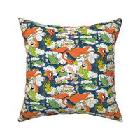 animals creatures by air with kids, large scale, orange green lime chartreuse teal blue white