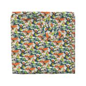 animals creatures by air with kids, large scale, orange green lime chartreuse teal blue white