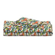 animals creatures by air with kids, large scale, orange green lime chartreuse teal blue white