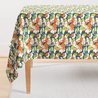 animals creatures by air with kids, large scale, orange green lime chartreuse teal blue white