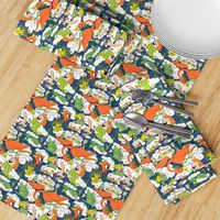 animals creatures by air with kids, large scale, orange green lime chartreuse teal blue white