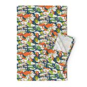 animals creatures by air with kids, large scale, orange green lime chartreuse teal blue white