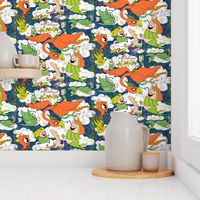 animals creatures by air with kids, large scale, orange green lime chartreuse teal blue white