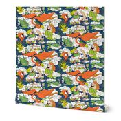 animals creatures by air with kids, large scale, orange green lime chartreuse teal blue white