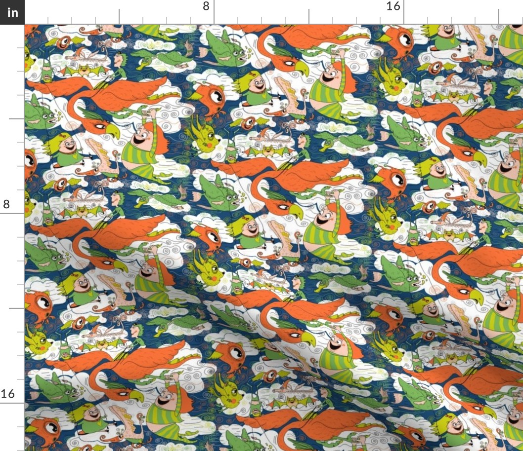 animals creatures by air with kids, large scale, orange green lime chartreuse teal blue white