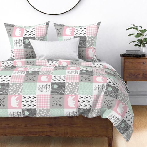 Love you to the mountains & back - Pink/Mint - Wholecloth Cheater Quilt - Rotated