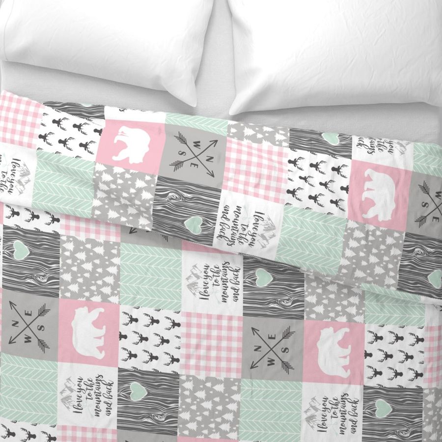 Love you to the mountains & back - Pink/Mint - Wholecloth Cheater Quilt - Rotated