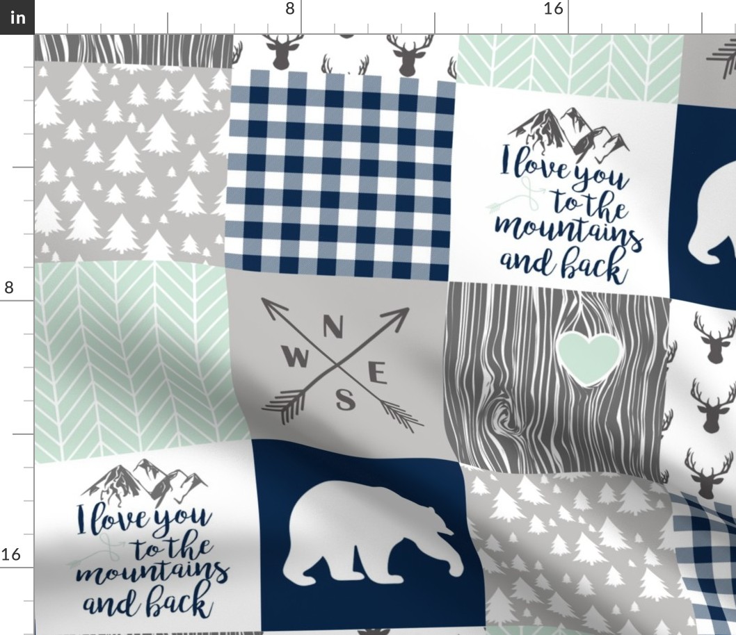 Love you to the mountains & back - Navy/Mint - Wholecloth Cheater Quilt 