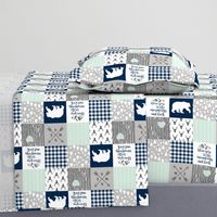 3 inch Love you to the mountains & back Navy/Mint - wholecloth cheater quilt rotated