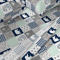 3 inch Love you to the mountains & back Navy/Mint - wholecloth cheater quilt rotated