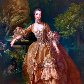 Madame de Pompadour baroque rococo victorian orange ballgowns pink roses Marie Antoinette floral flowers garden french france beautiful woman gowns portraits lady mistress of king Louis XV beauty dogs cocker spaniel romantic elegant gothic lolita egl 18th