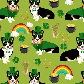 tricolored corgi leprechaun st patrick's day dog breed fabric green