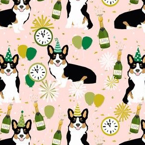 tricolored corgi new year's eve party day dog breed fabric pink