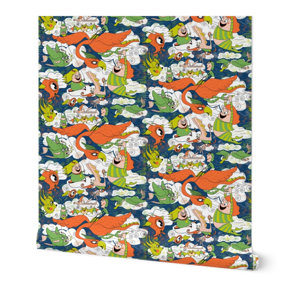 animals creatures by air with kids, small scale, orange green lime chartreuse teal blue white