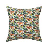 animals creatures by air with kids, small scale, orange green lime chartreuse teal blue white