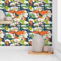 animals creatures by air with kids, small scale, orange green lime chartreuse teal blue white