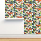 animals creatures by air with kids, small scale, orange green lime chartreuse teal blue white