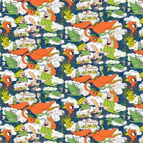 animals creatures by air with kids, small scale, orange green lime chartreuse teal blue white