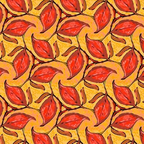 Three Red Leaves Twirling on Yellow Orange