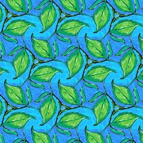 Three Green Leaves Twirling on Blue Stripe