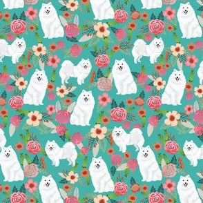 japanese spitz (smaller scale) dog florals fabric dogs and flowers design - turquoise